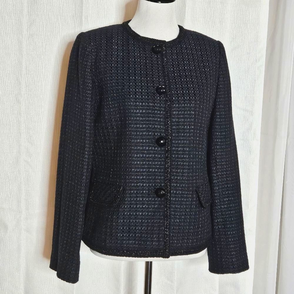 Charles Gray Blue Metallic Tweed Button Front Dressy Wedding Blazer Jacket